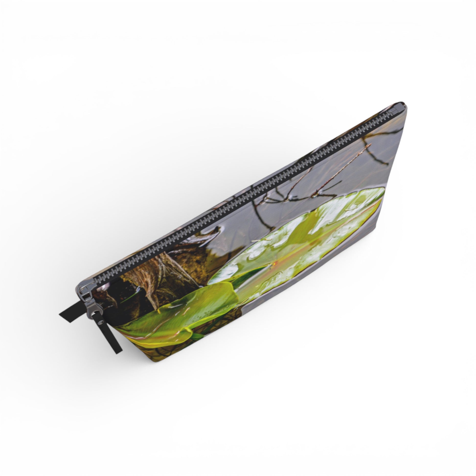 Pouch with nature-themed design on a white background