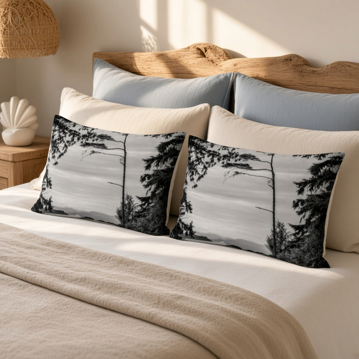 Two rectangular throw pillows with a black and white forest tree print, styled on a bed with beige and light blue pillows, a wooden headboard, and a beige blanket.