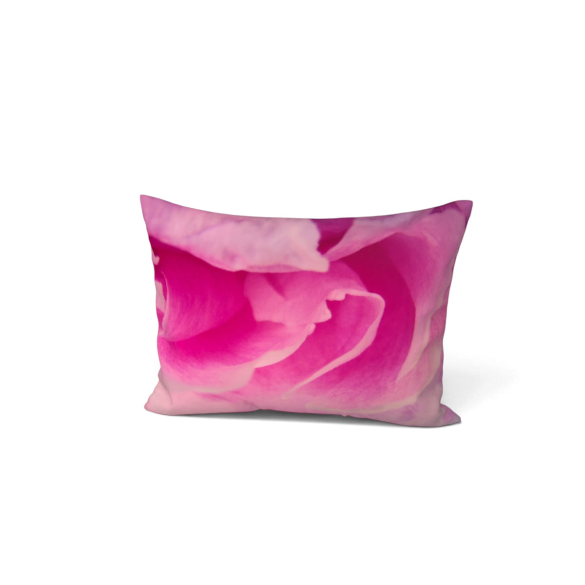 A rectangular throw pillow featuring a close-up pink rose print, shown against a plain white background.