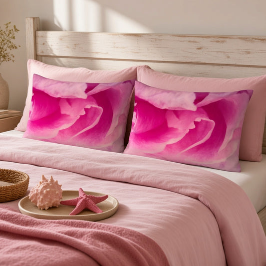 A neatly made bed with pink bedding and two large pillowcases featuring a bold pink floral print, styled in a bright bedroom setting with a wooden headboard and decorative starfish on a tray.