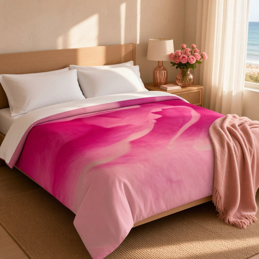 A bed dressed in a bright pink and magenta watercolor-style duvet cover with white pillows and a light pink throw blanket, styled in a sunlit bedroom with a nightstand, lamp, flowers, and ocean view.