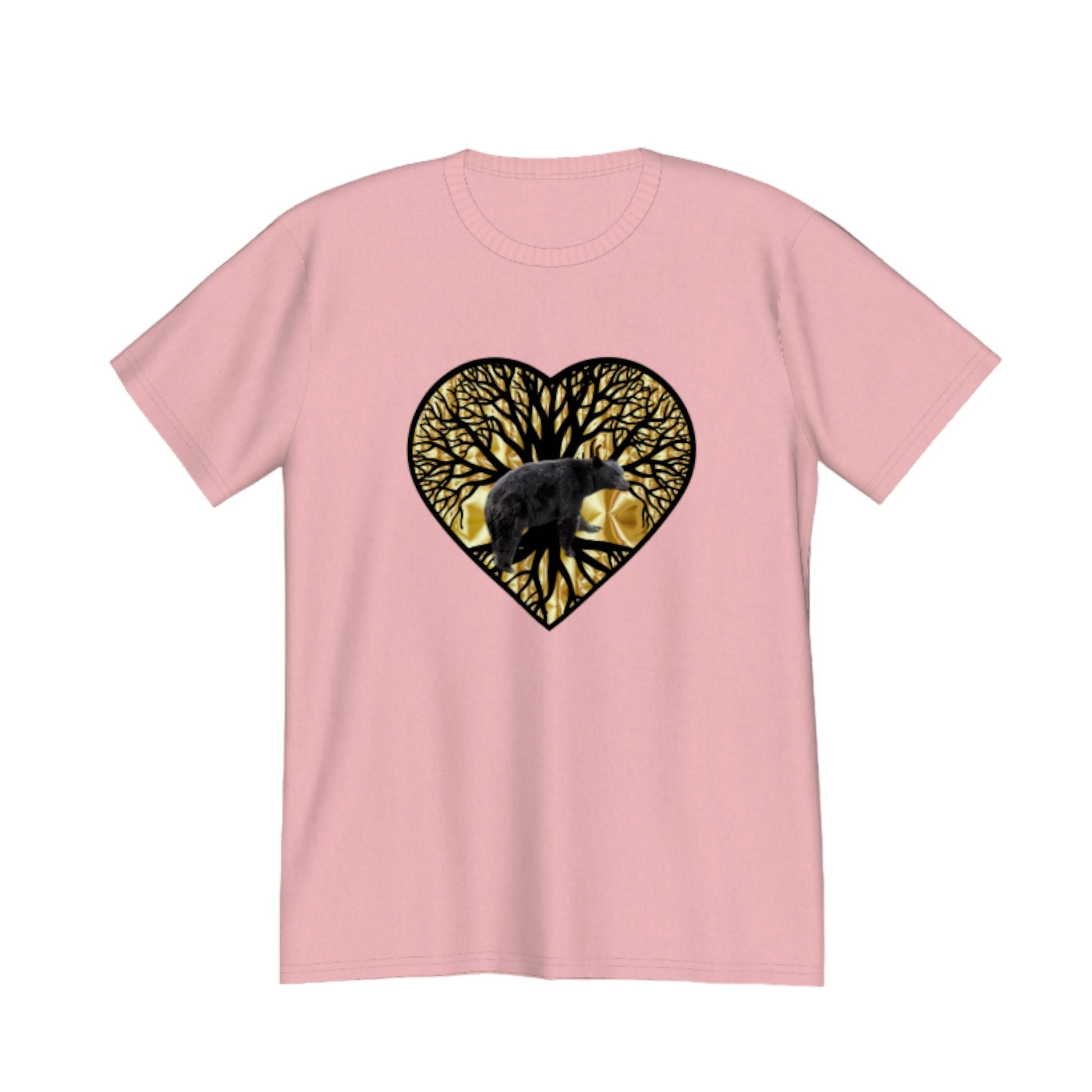 Bear Heart Premium Unisex T-shirt. The image on the front is of a bear standing in front of the tree of life that is on a gold background.  by van isle goddess dot com