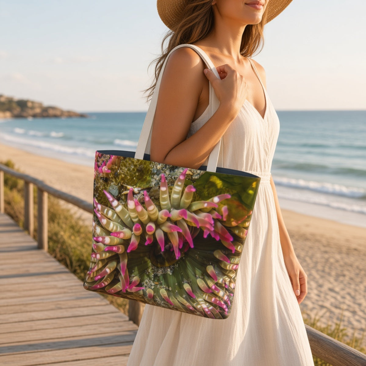 A woman in a white dress and straw hat carries a large tote bag with a vivid anemone print featuring pink, green, and white tones, set against a beach boardwalk and ocean background.