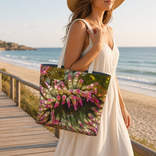 A woman in a white dress and straw hat carries a large tote bag with a vivid anemone print featuring pink, green, and white tones, set against a beach boardwalk and ocean background.