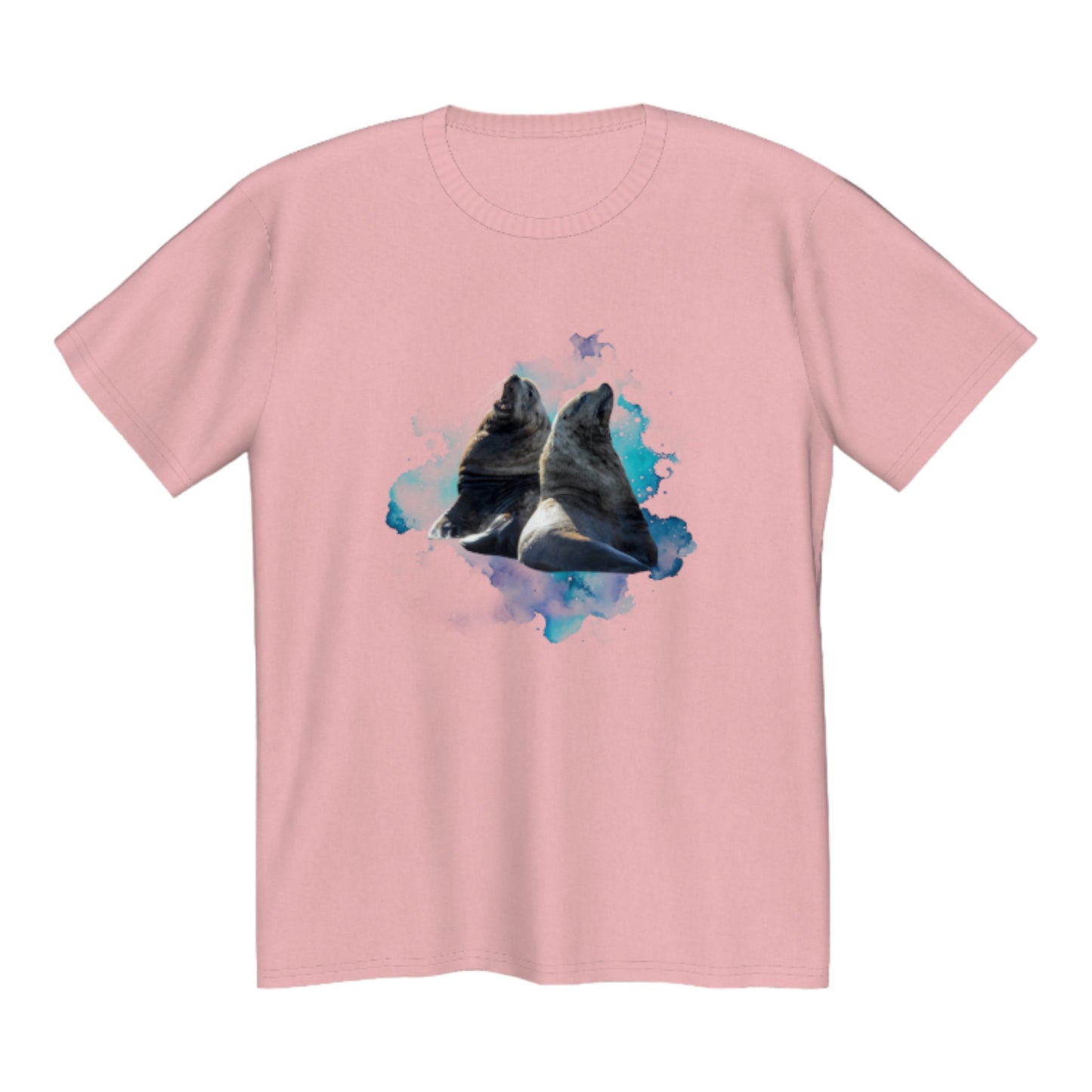 Sea Lions Premium Unisex Tshirt featuring two sea lions on the front.  A colourful blue and green ocean abstract is in the background. by van isle goddess dot com