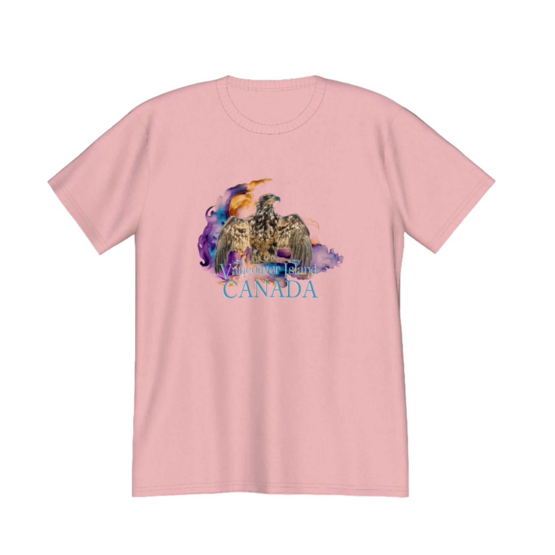 Thunderbird Vancouver Island Canada Premium Unisex T-shirt. The image is of a eagle in the thunderbird position with a colourful abstract background.  The word below the image read Vancouver island, Canada. by van isle goddess dot com
