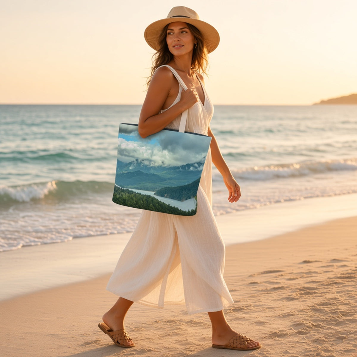 A woman in a white dress and straw hat walks on a sandy beach at sunset, carrying a large tote bag printed with a mountain landscape scene.