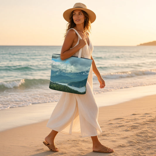 A woman in a white dress and straw hat walks on a sandy beach at sunset, carrying a large tote bag printed with a mountain landscape scene.