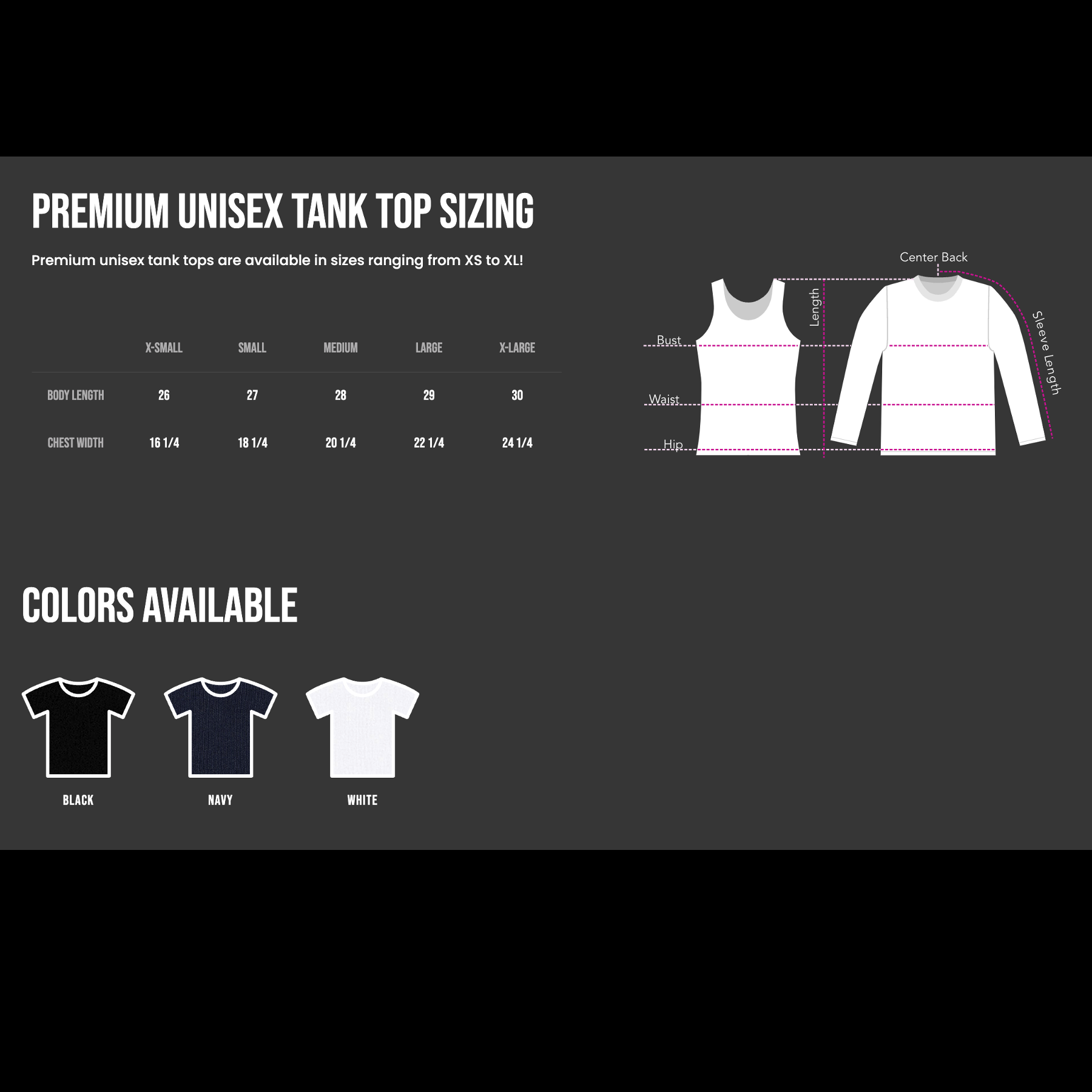 premium unisex tank top size chart