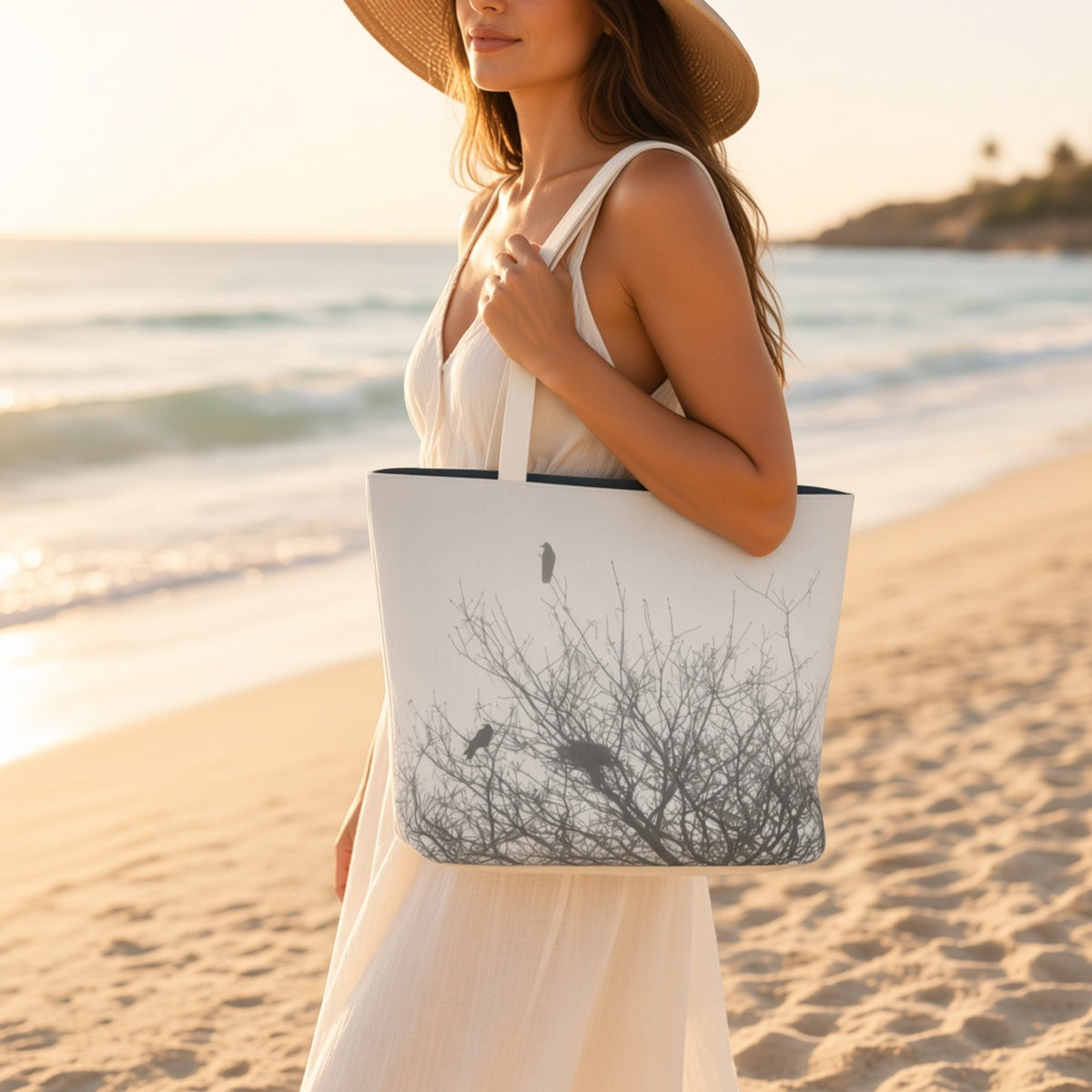 A woman on a sandy beach at sunset carries a large white tote bag printed with a black-and-white tree branch and bird design. The background shows the ocean and shoreline in warm golden light.