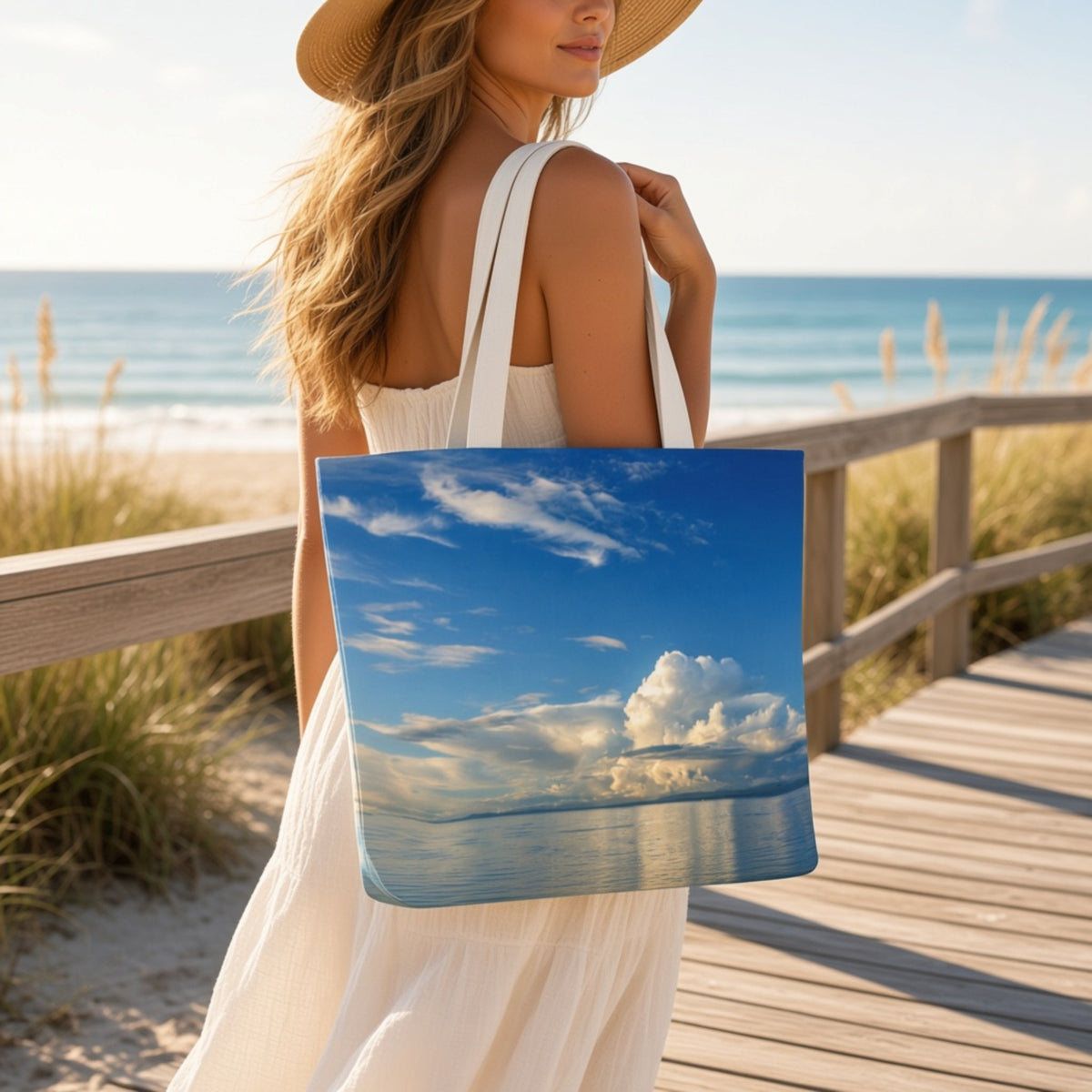 A woman on a wooden boardwalk by the beach carries a large tote bag printed with a blue sky and white clouds scene.