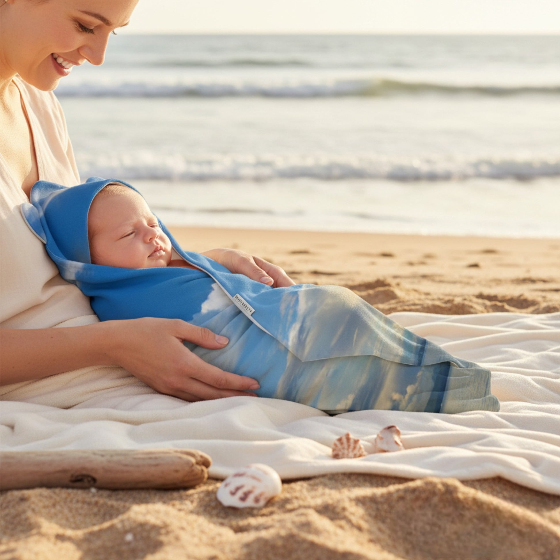 Woman holding a baby wrapped in a blue blanket on a sandy beach with ocean in the background