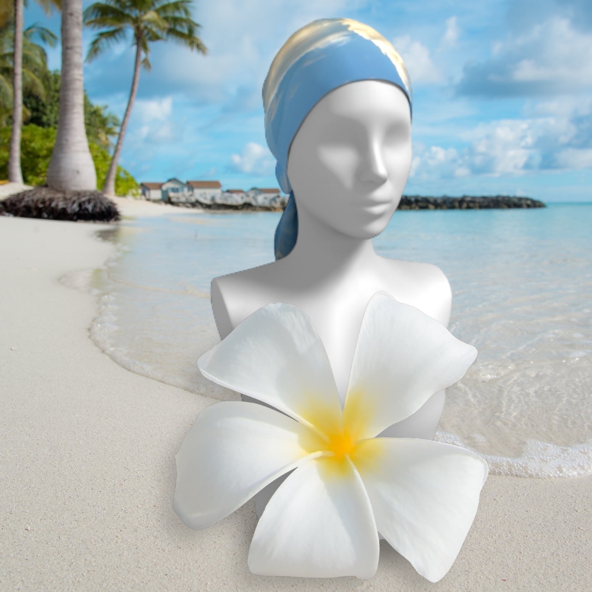Qualicum Beach long scarf is shown worn as a head wrap.