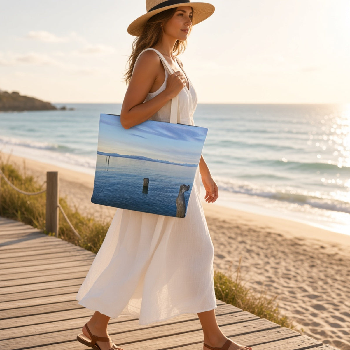 A woman in a white dress and straw hat walks along a wooden boardwalk at the beach, carrying a large tote bag printed with a serene blue water scene.