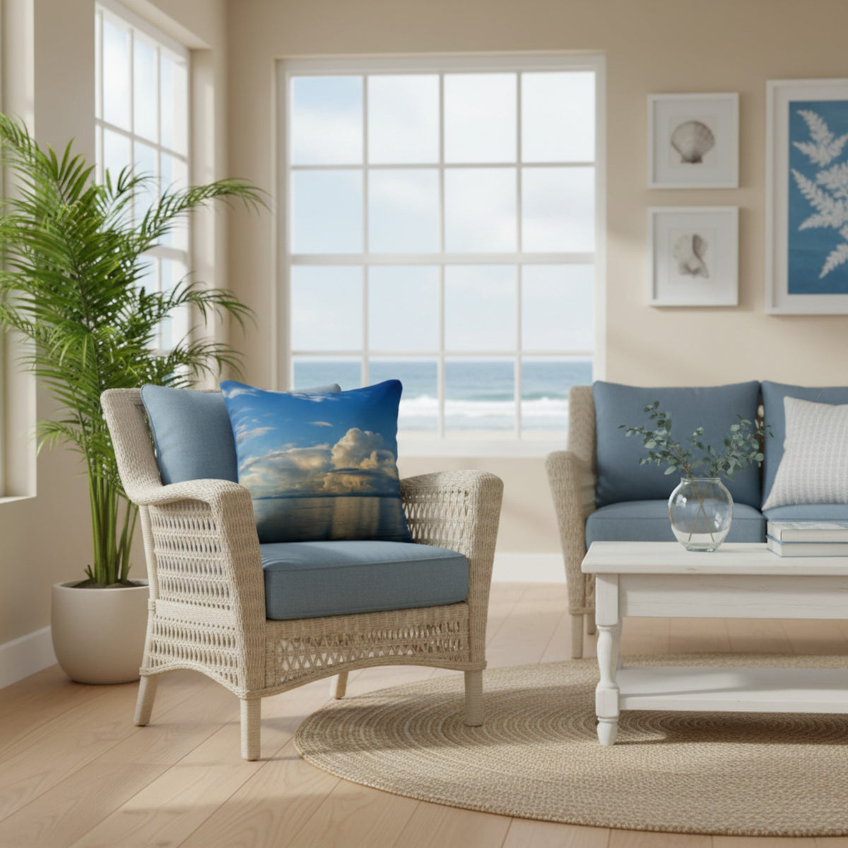 A styled living room scene with a white wicker armchair featuring a blue cushion and a matching throw pillow, next to a white sofa with blue cushions, a white coffee table, a round woven rug, and a large potted plant near a window overlooking the ocean.