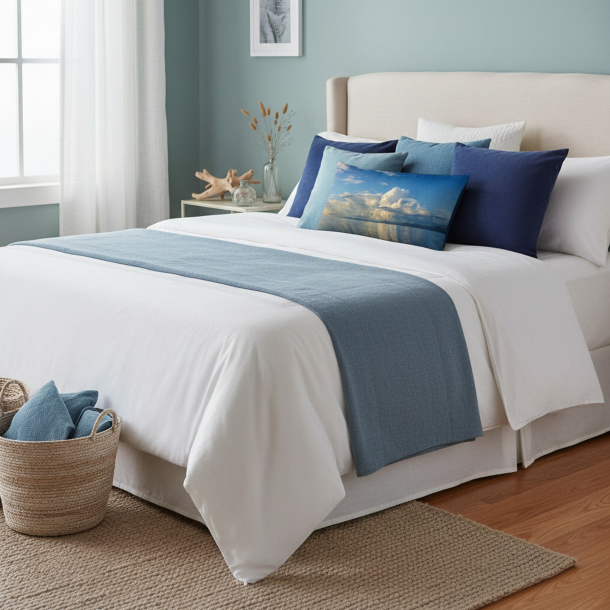 A neatly made bed in a styled bedroom, dressed in white bedding with a slate blue runner, matching blue pillows, and a decorative square pillow featuring a blue sky and clouds. The room has a light blue wall, a window with white curtains, and a woven basket on the floor.