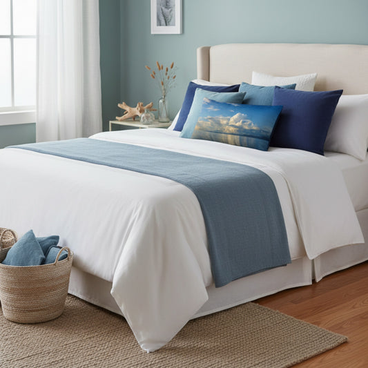 A neatly made bed in a styled bedroom, dressed in white bedding with a slate blue runner, matching blue pillows, and a decorative square pillow featuring a blue sky and clouds. The room has a light blue wall, a window with white curtains, and a woven basket on the floor.