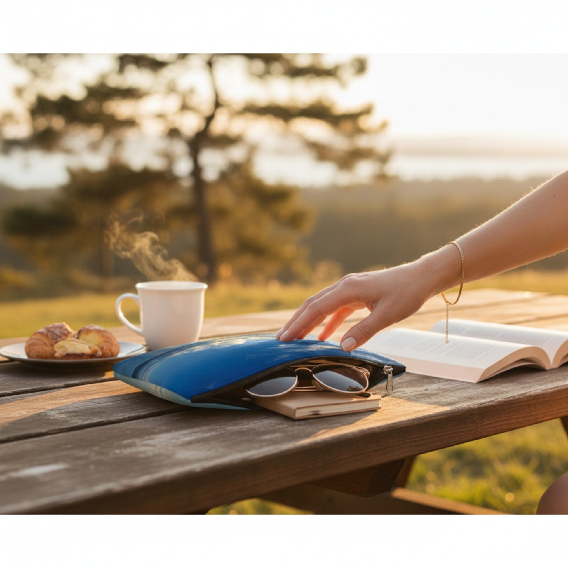 Person placing a blue notebook on a wooden table with a scenic background
