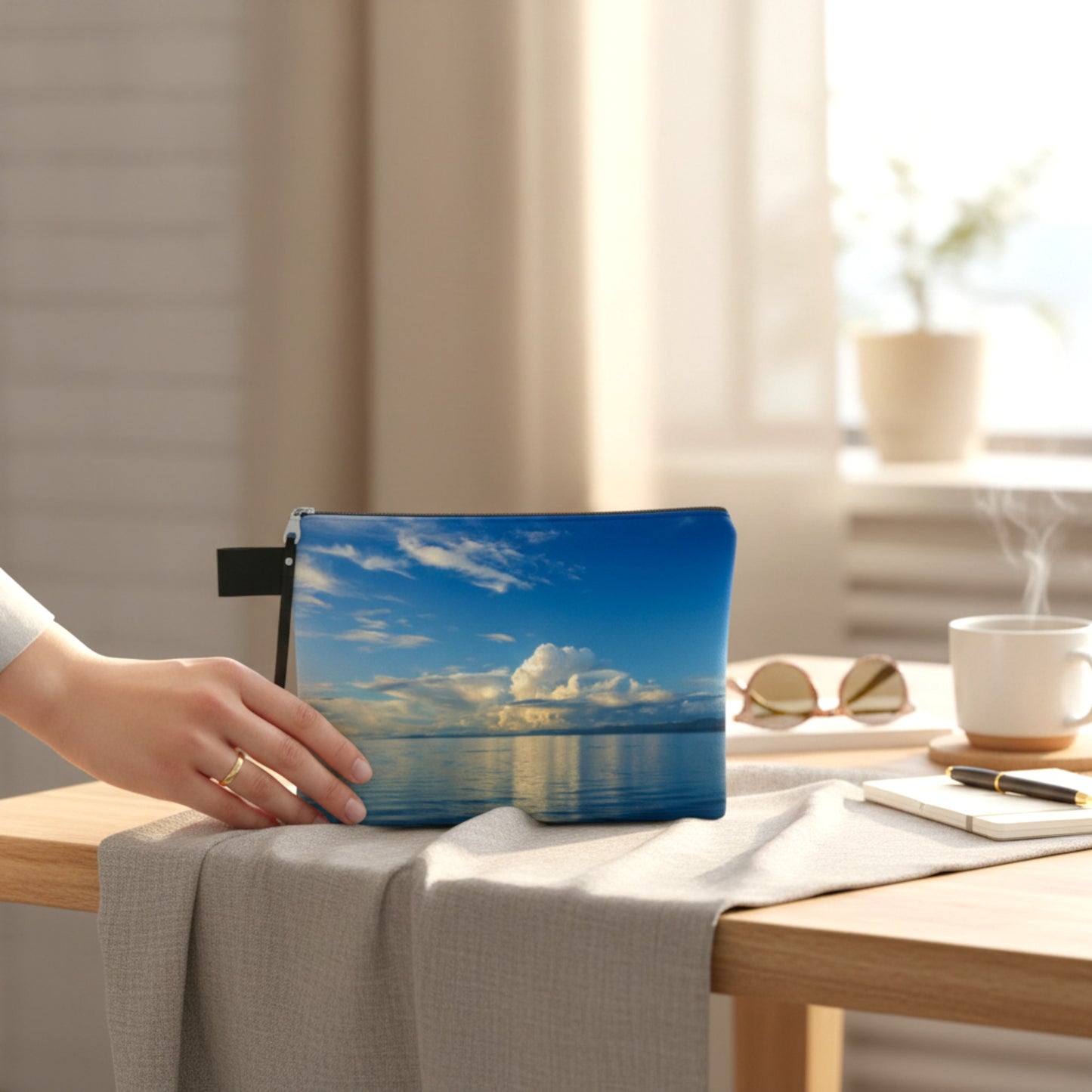 Blue pouch with a scenic design on a table with a cup and sunglasses.