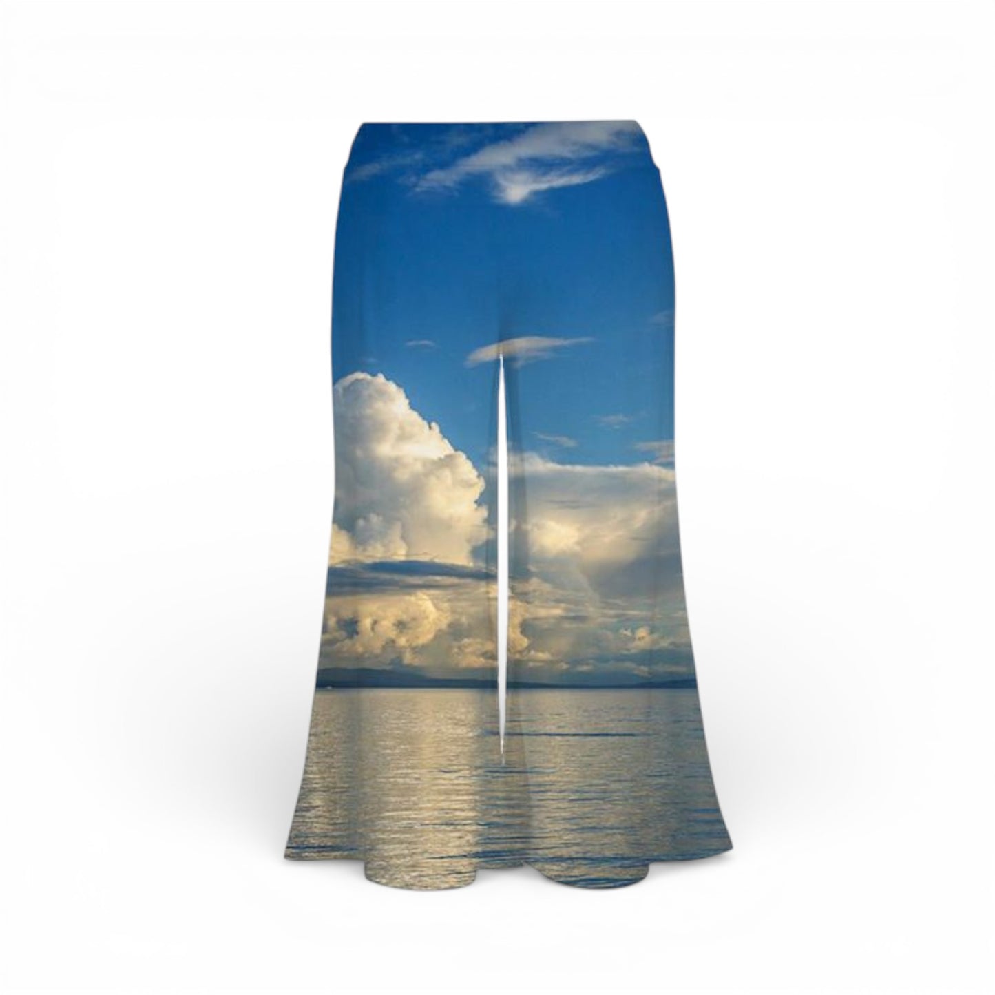 Pants with a design of a sailboat on a blue sky and cloud background