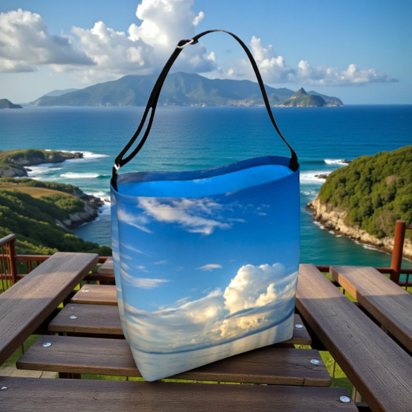 Blue bag with a scenic design on a wooden table with ocean and island view