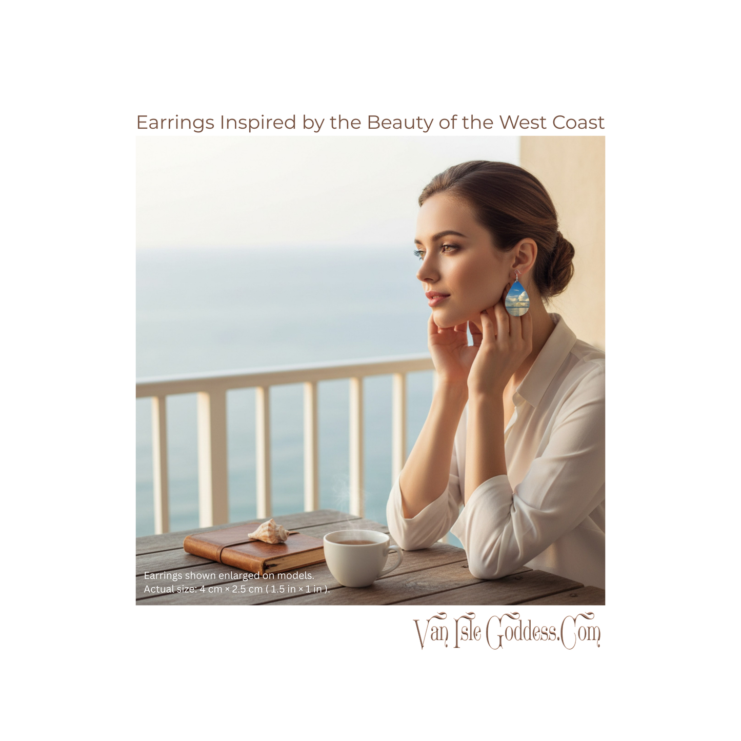 Woman wearing earrings inspired by the beauty of the West Coast, sitting on a balcony with a scenic view.