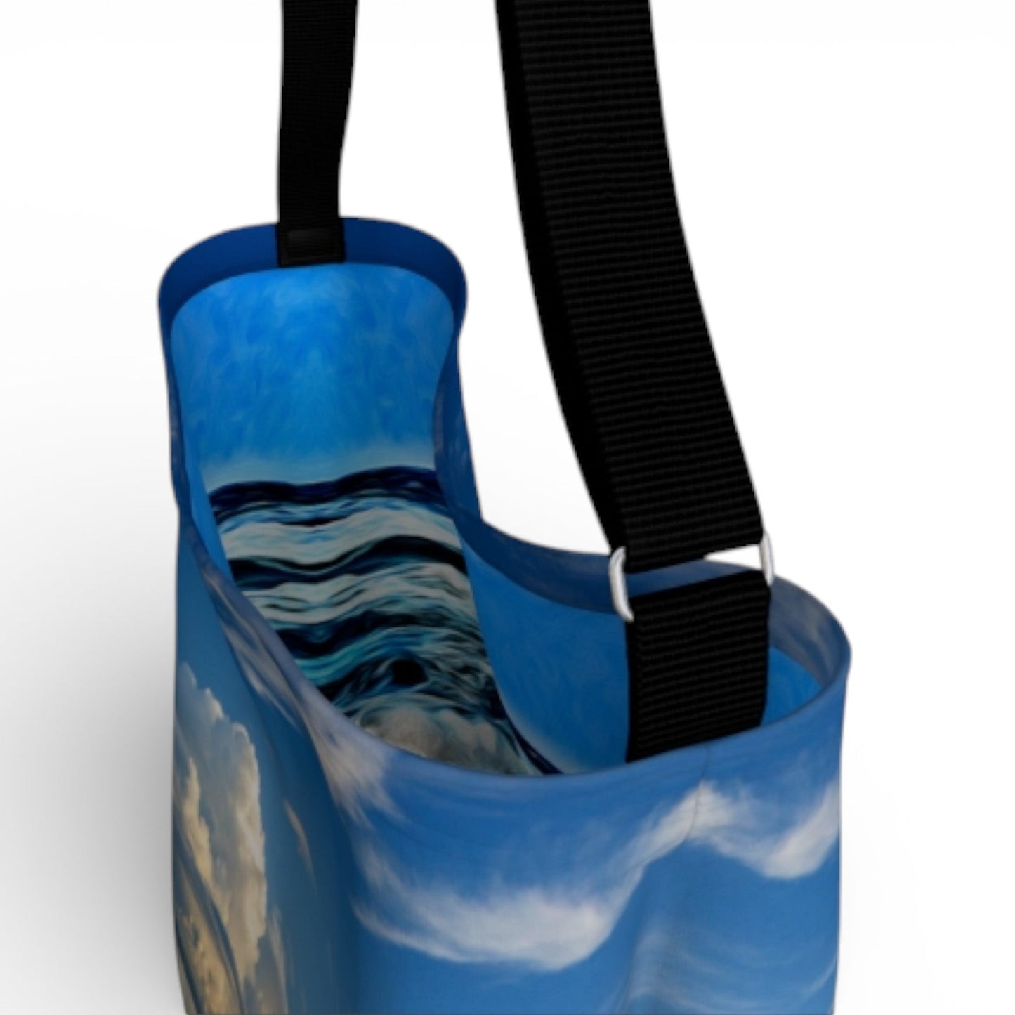 Blue bag with black straps on a white background