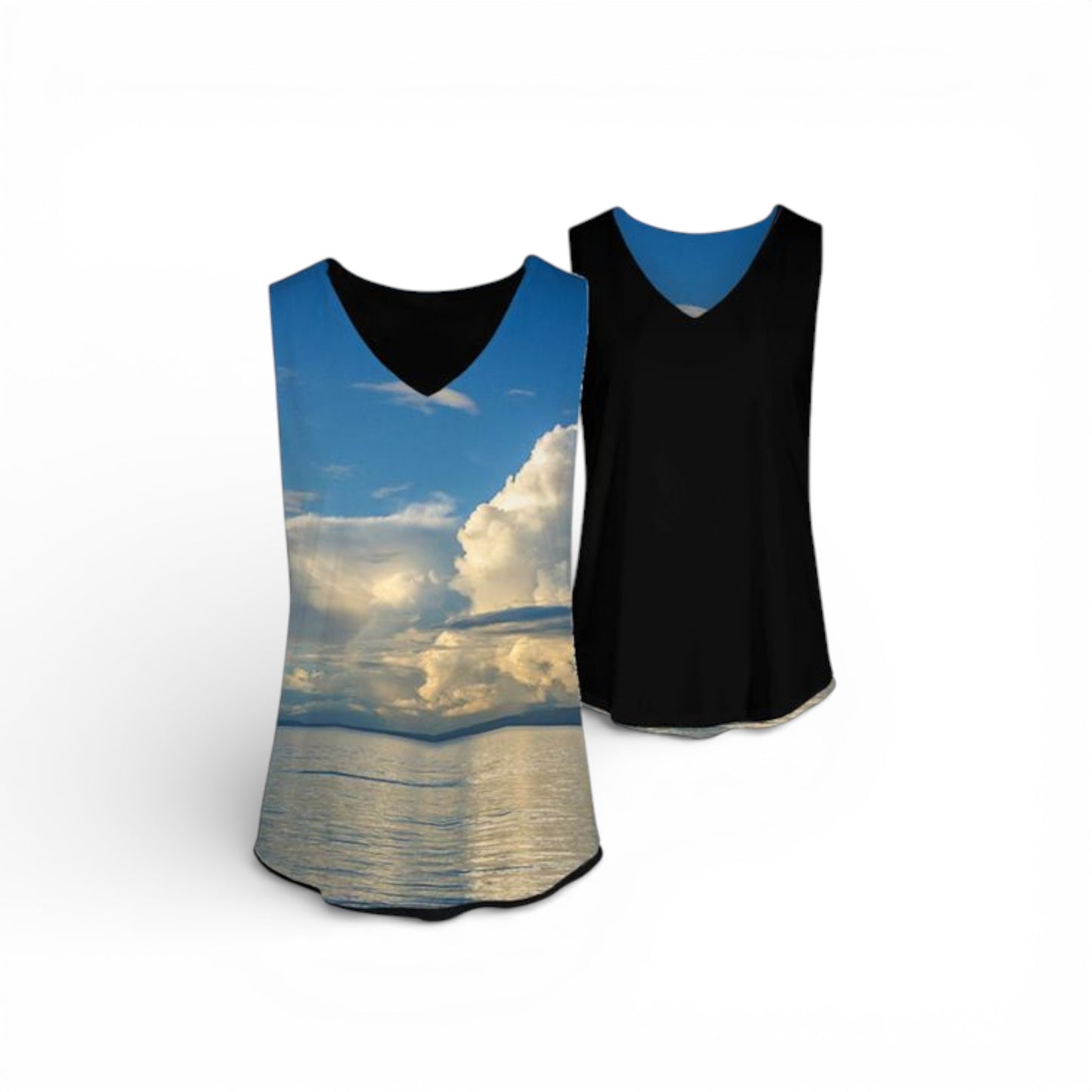 Two tank tops, one with a beachscape design and the other black, on a white background.
