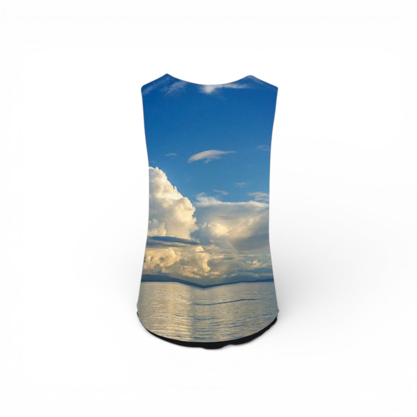 Sleeveless shirt with a design of a blue sky and clouds on a white background