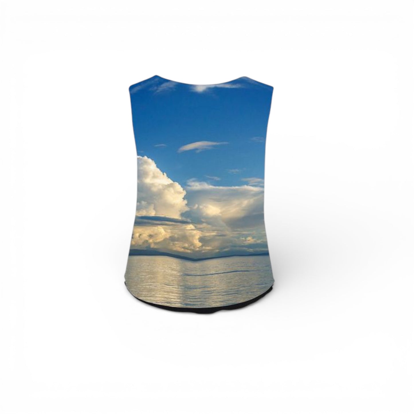 Sleeveless top with a design of a sunset over water on a white background