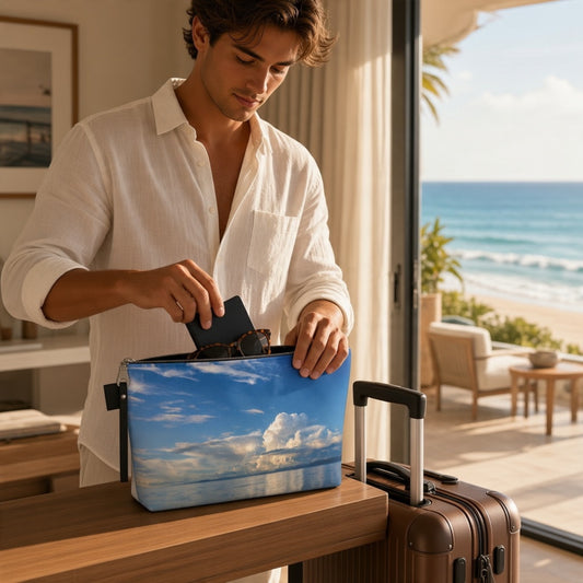 A man in a white shirt packs sunglasses into a zippered travel pouch featuring a blue sky and ocean landscape print, standing by a suitcase in a bright room with a beach view.