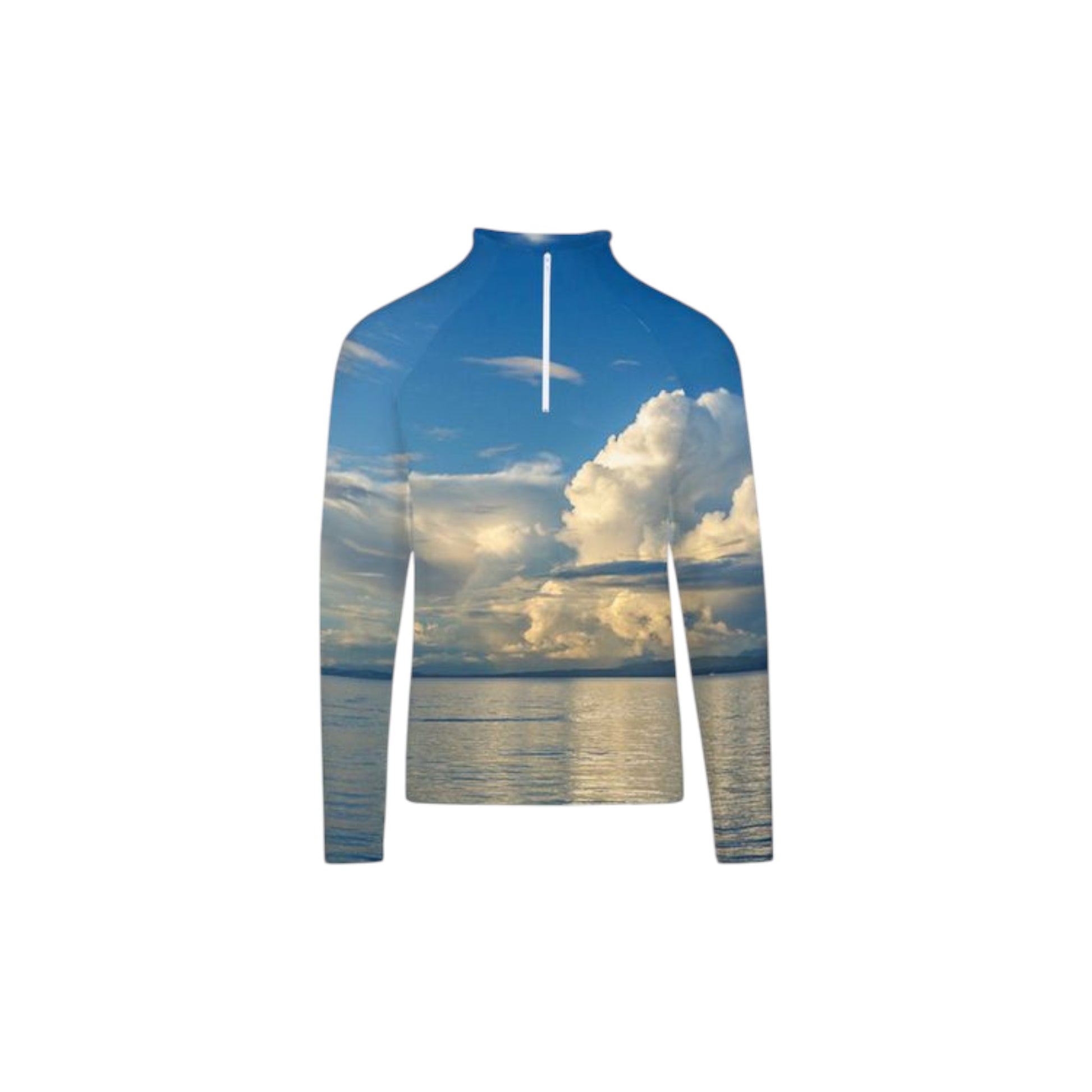 All over print men's active half zip long sleeve top with an image of Qualicum Beach blue sky and big clouds.
