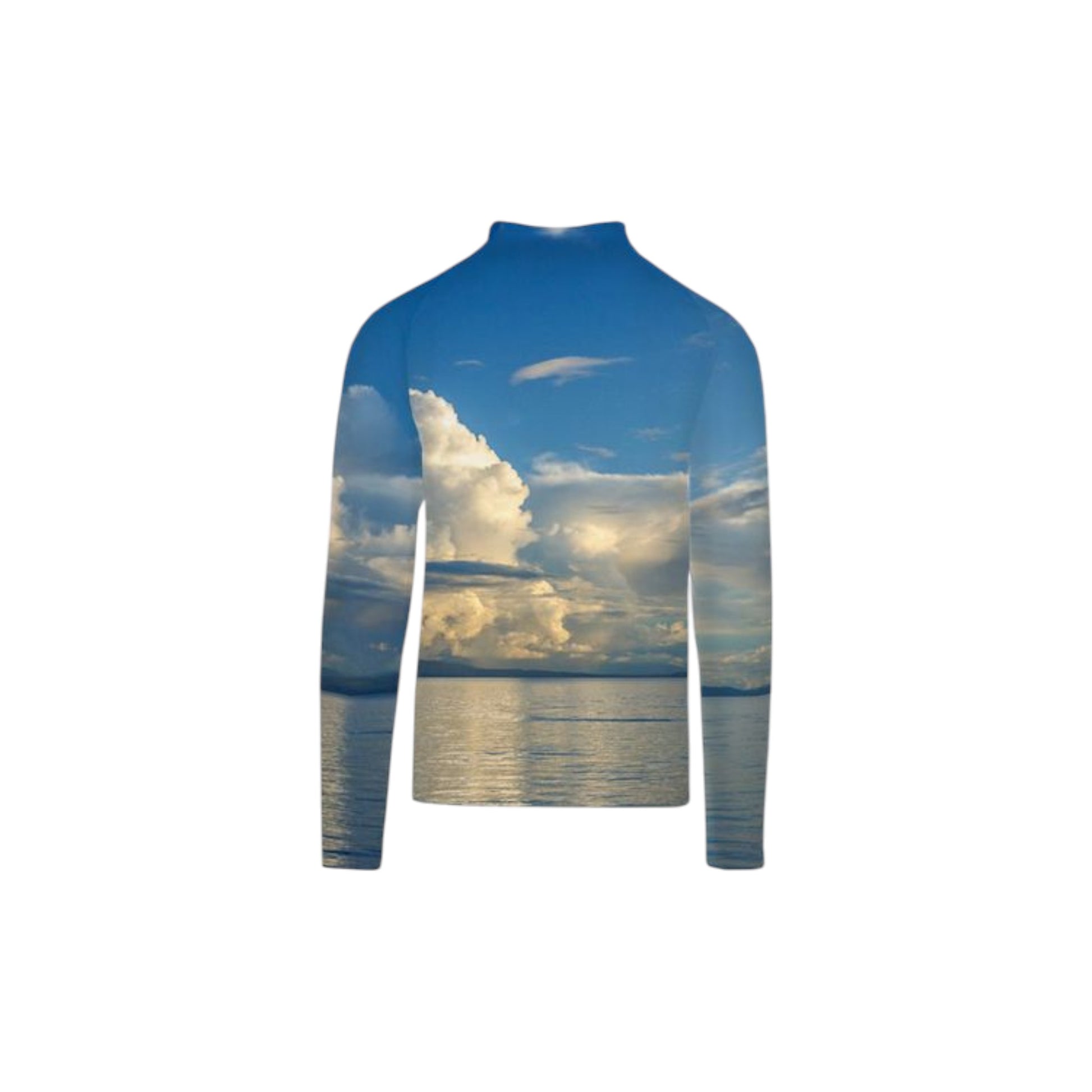 Back side of the All over print men's active half zip long sleeve top with an image of Qualicum Beach blue sky and big clouds.
