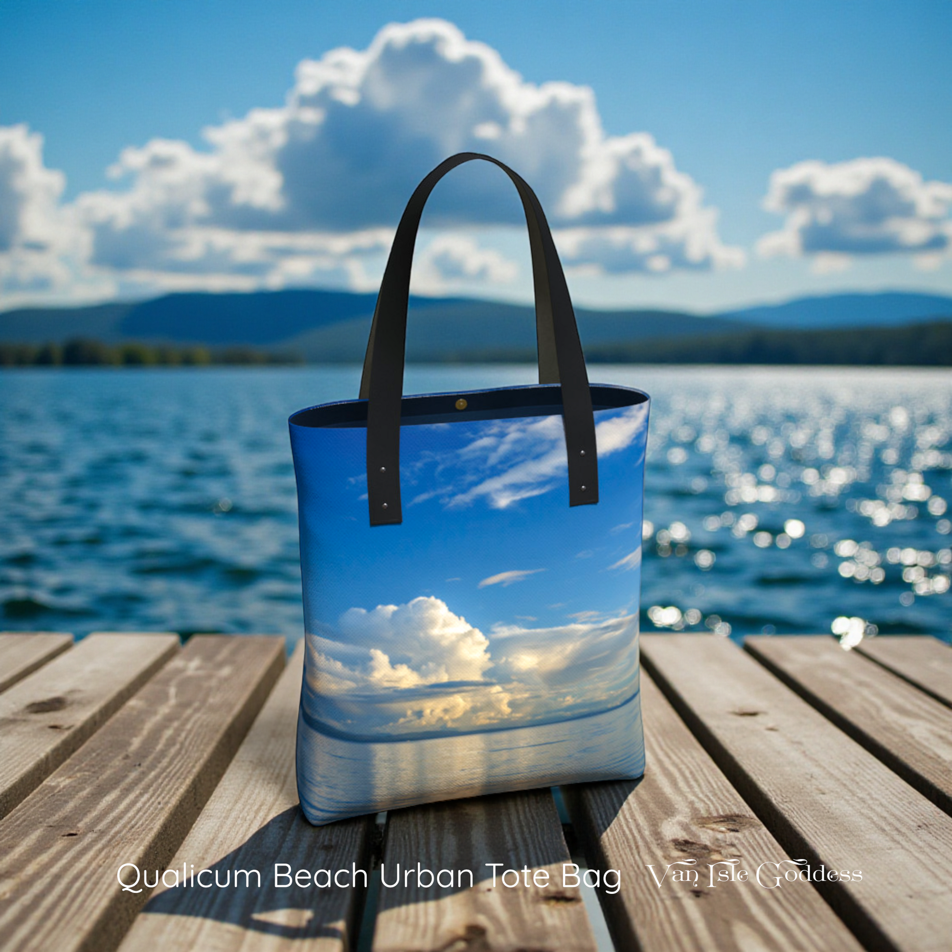 Tote bag with a scenic design of clouds and water on a wooden dock by a lake.