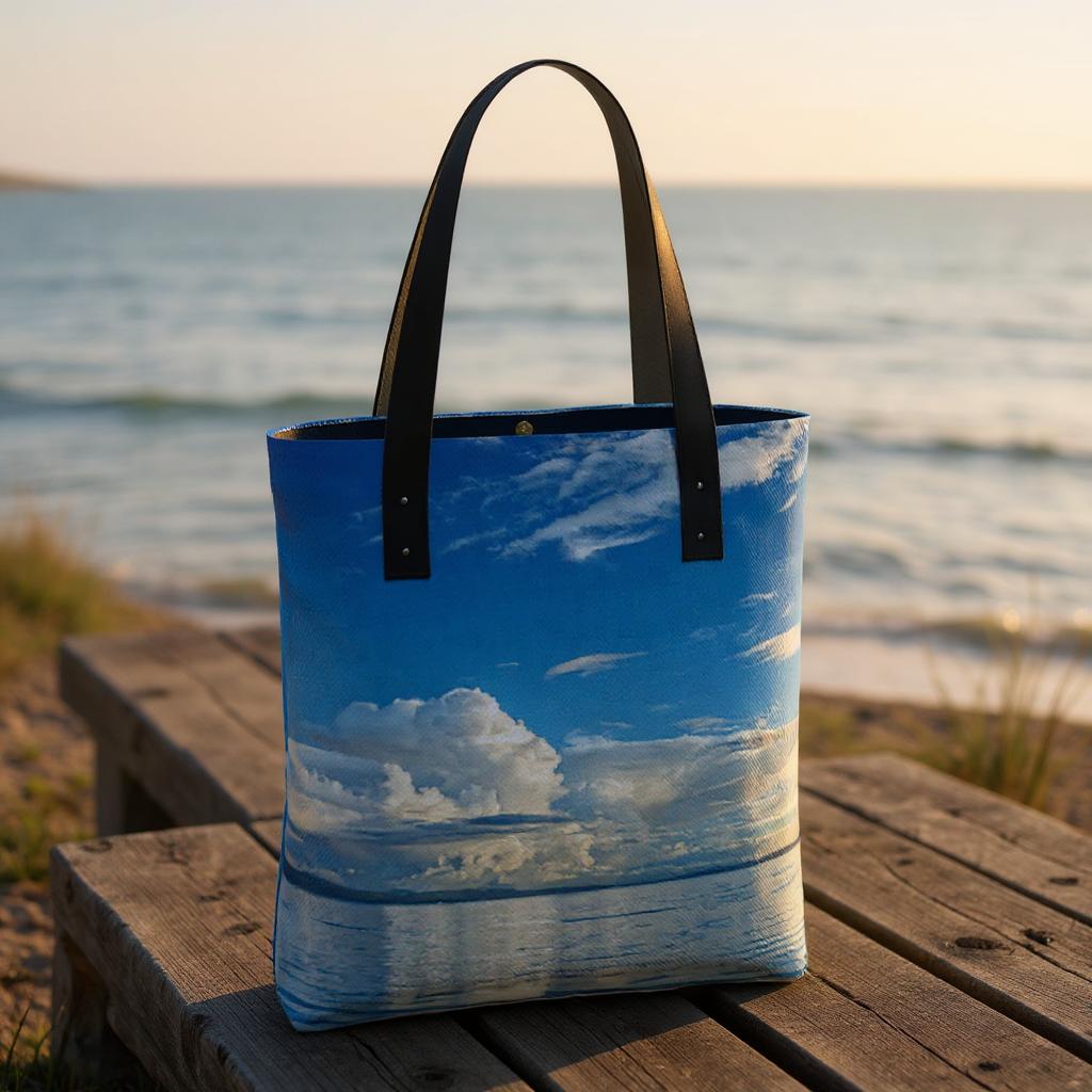 Tote bag with a scenic design of clouds and water on a wooden bench by the sea.