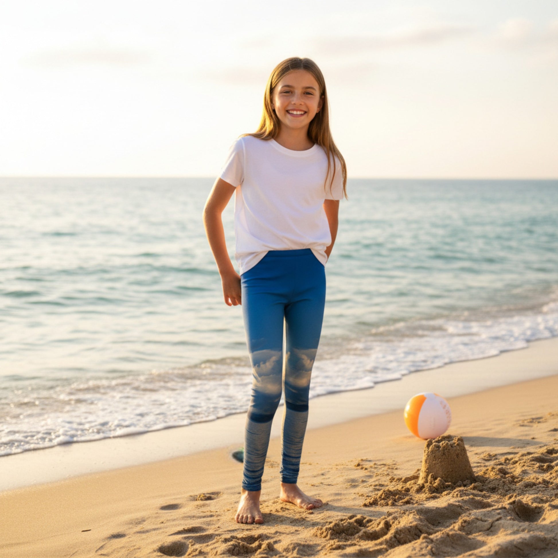 Young girl standing on a beach with ocean view, wearing a white t-shirt and blue leggings.