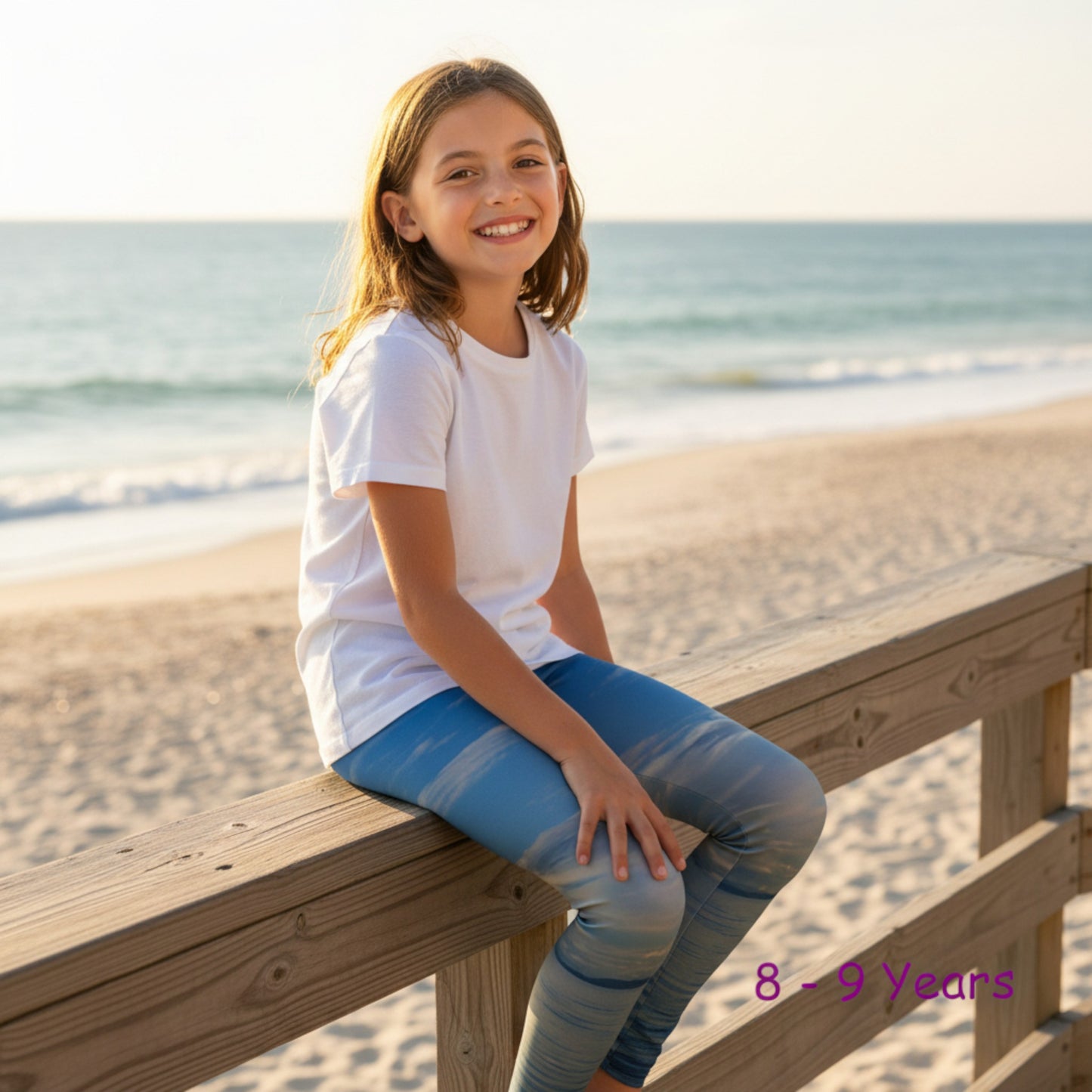 Young girl sitting on a wooden bench at the beach with ocean view