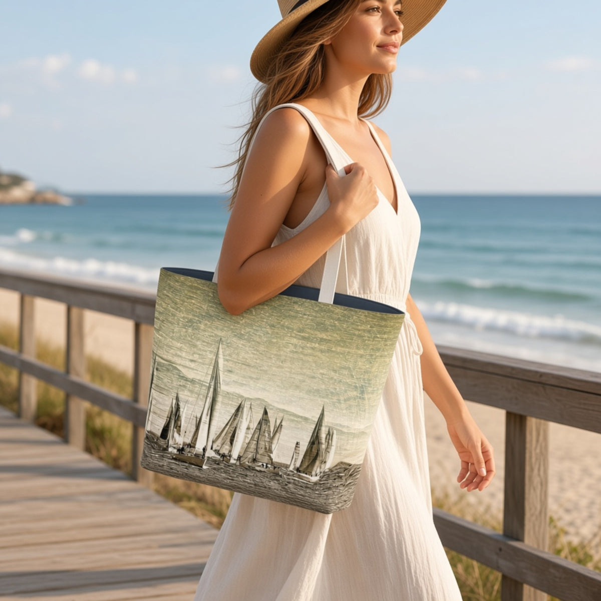A woman in a white dress and straw hat walks along a wooden boardwalk by the beach, carrying a large tote bag printed with a vintage sailboat scene.