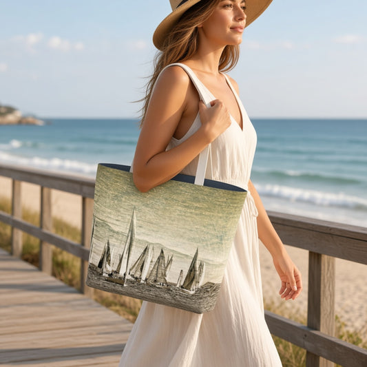 A woman in a white dress and straw hat walks along a wooden boardwalk by the beach, carrying a large tote bag printed with a vintage sailboat scene.