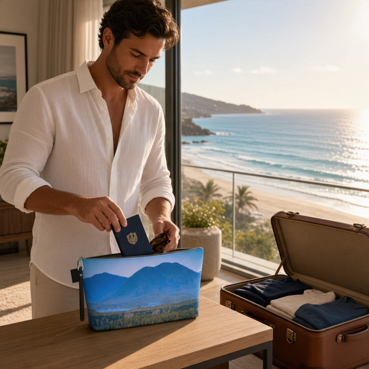 A man in a white linen shirt packs a blue passport into a zippered pouch with a scenic mountain and ocean print, set in a modern room with a beach view. An open brown suitcase with folded clothes sits nearby.
