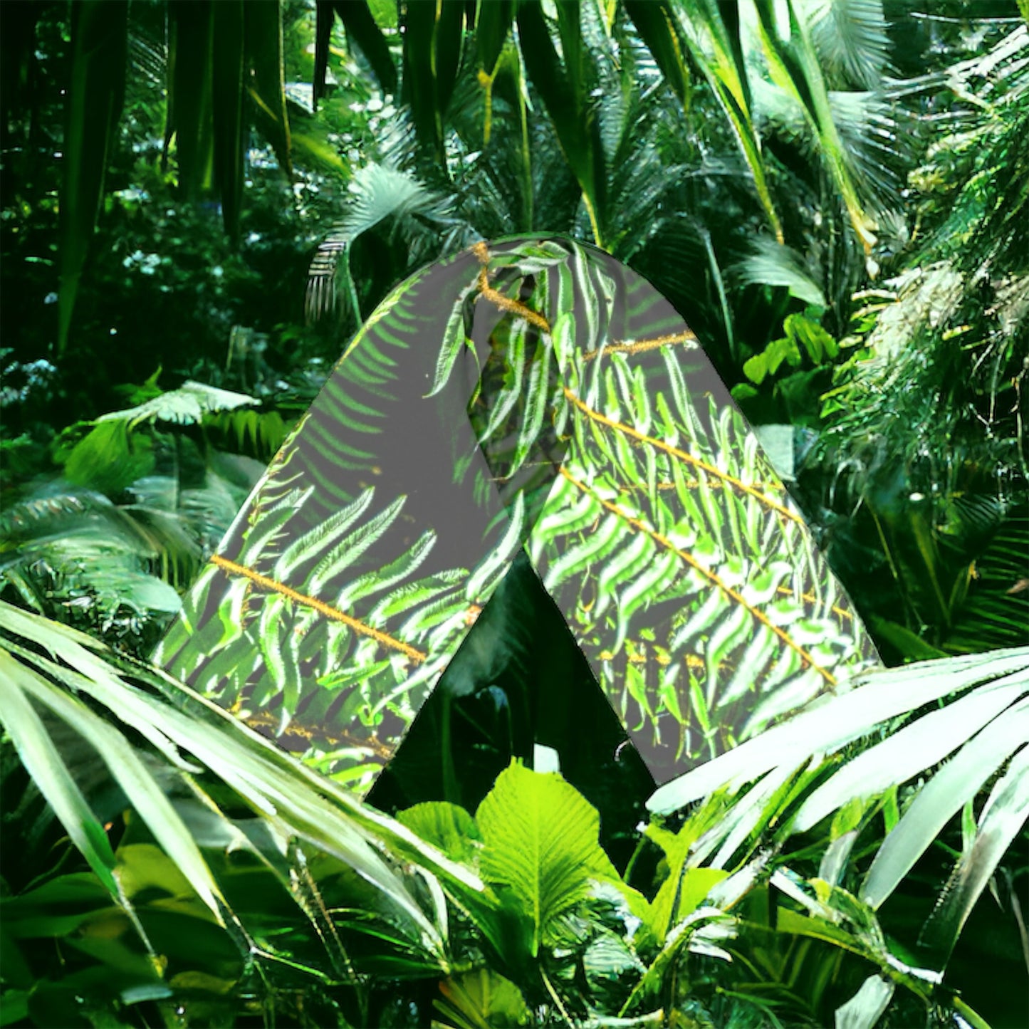 Rainforest long scarf is shown in a rainforest.