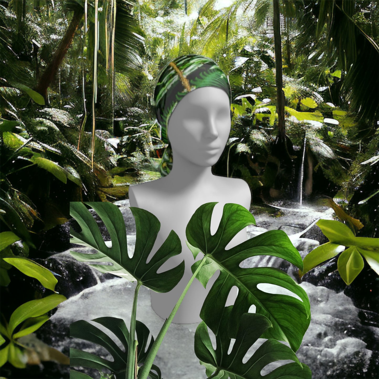 Rainforest long scarf is shown worn as head wrap in the rainforest.