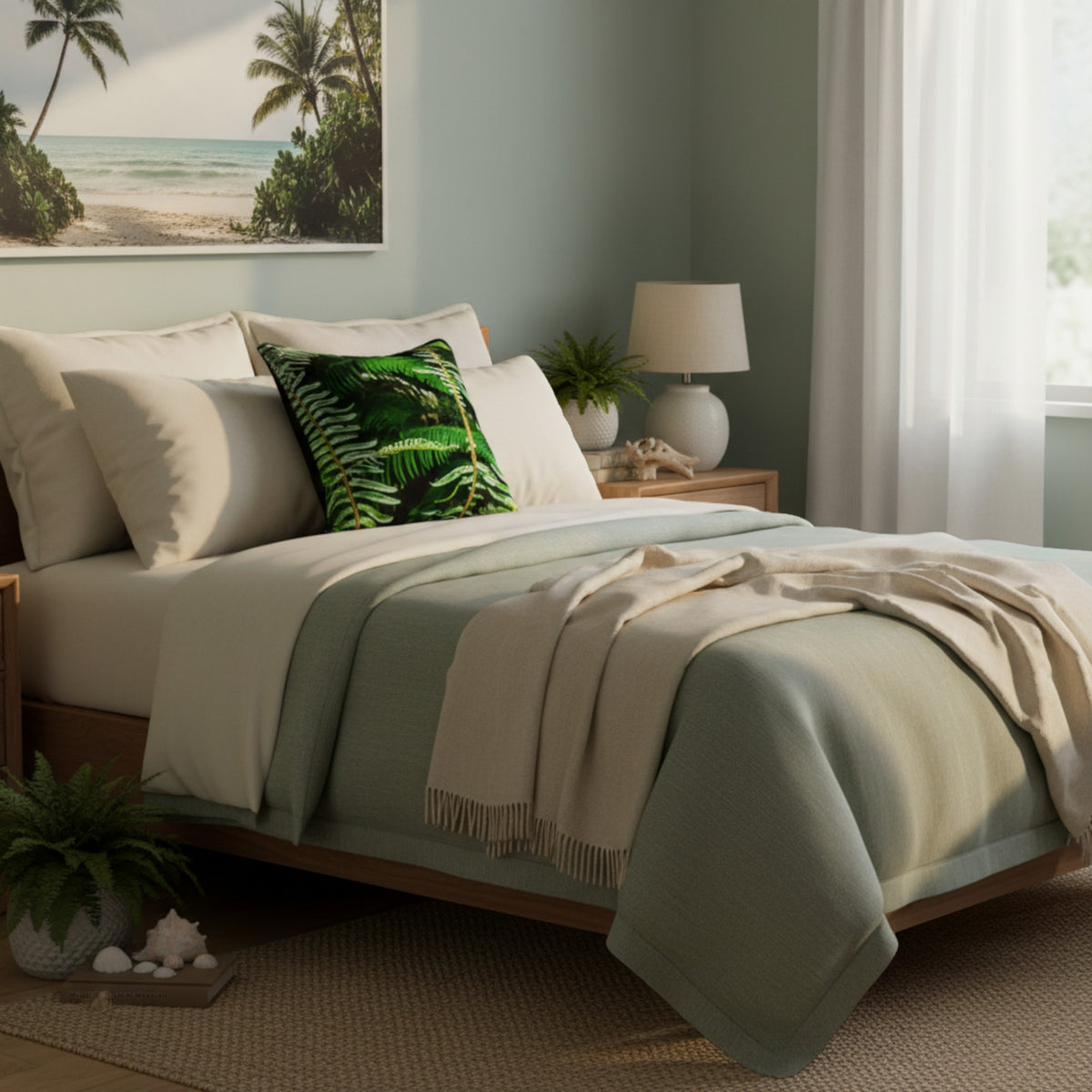 A styled bedroom scene showing a bed dressed in cream and sage green bedding, with a green tropical leaf pillow, a matching sage green throw blanket, and a beige throw. A framed beach print hangs on the wall above the bed.