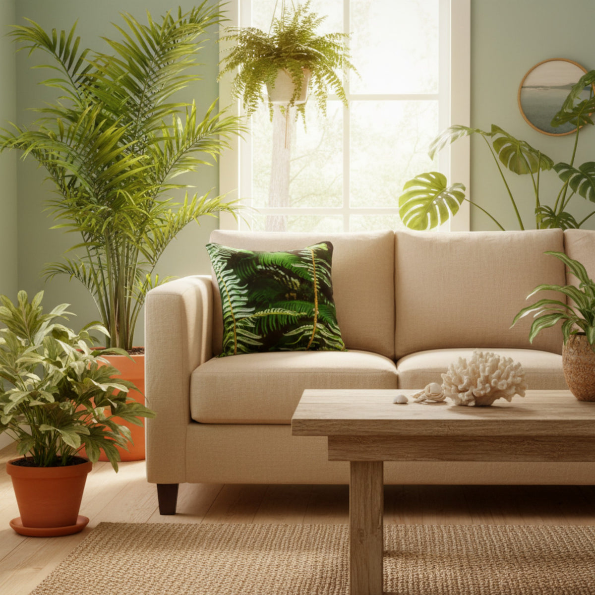 A beige fabric sofa in a bright, modern living room with a green palm-patterned accent pillow, surrounded by potted plants and a wooden coffee table.