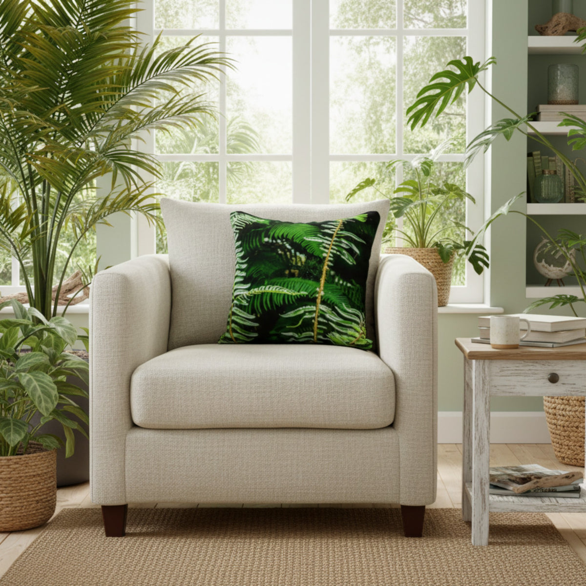 A light beige upholstered armchair in a bright living room setting, styled with a dark green palm leaf patterned throw pillow. The chair is positioned on a woven jute rug next to a distressed white side table with a mug, with potted plants and a window in the background.