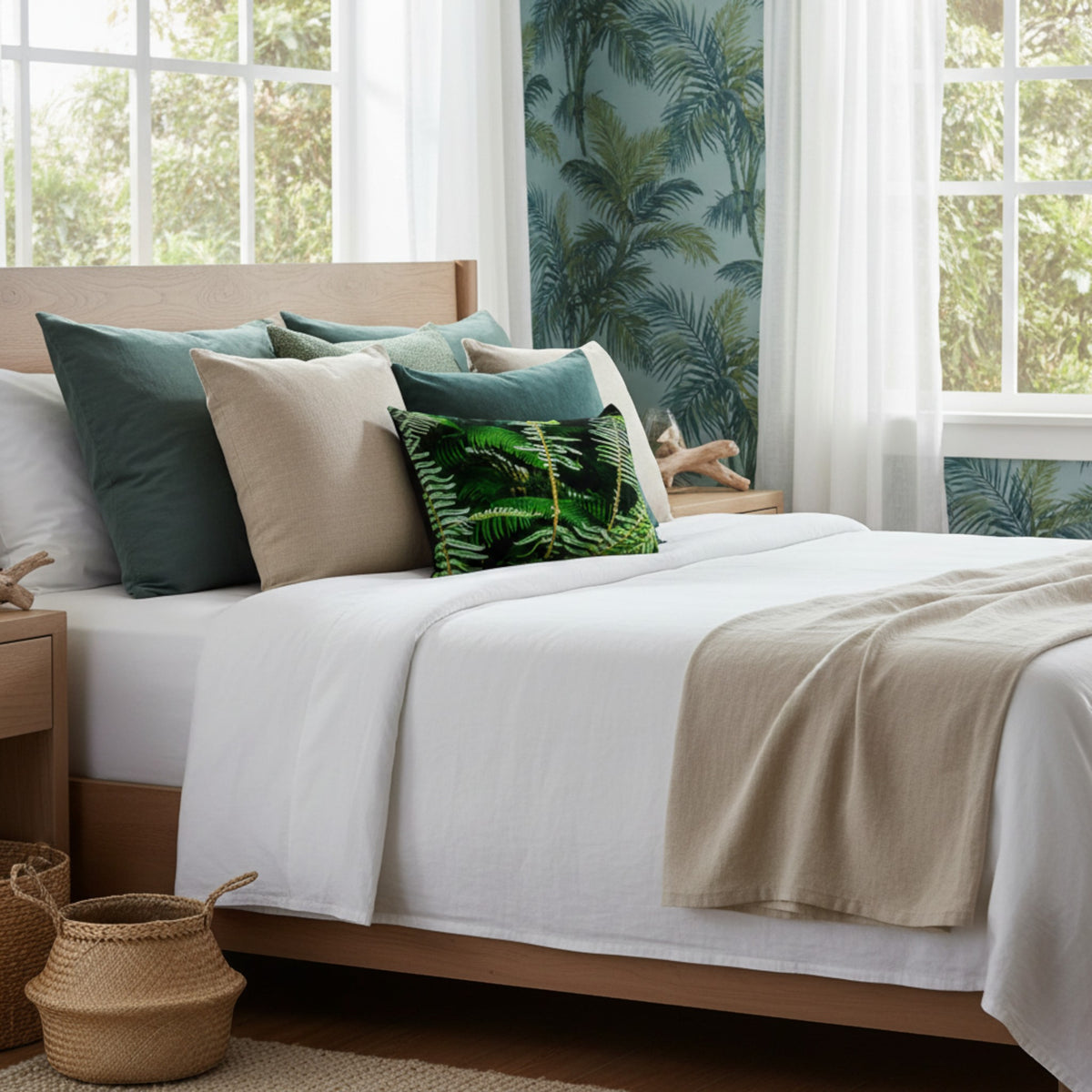 A neatly made bed in a bright bedroom with white bedding, beige and teal pillows, a green palm-print accent pillow, a beige throw blanket, a wooden bed frame, and tropical wallpaper near the windows.