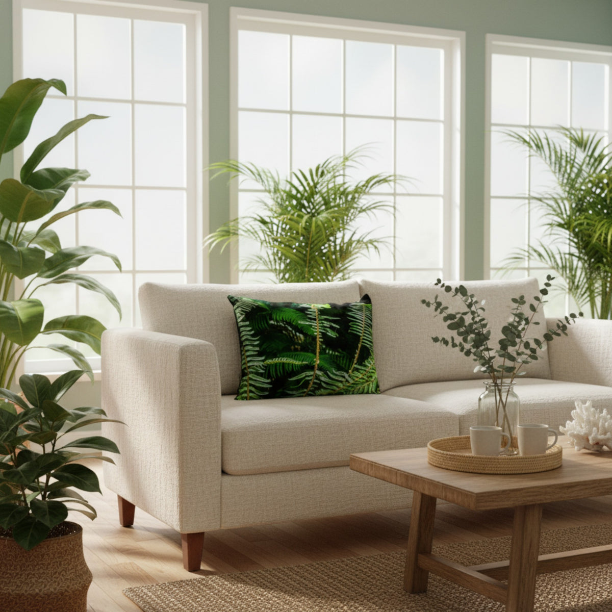A modern beige upholstered sofa in a bright living room, styled with a dark green fern-patterned accent pillow, a wooden coffee table, and several potted plants in front of large white-framed windows.