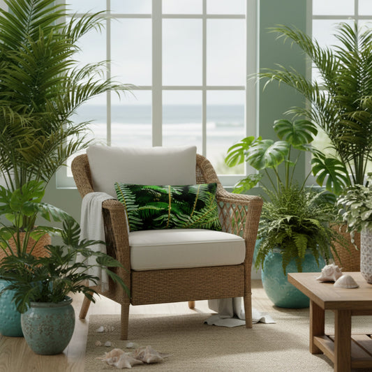 A woven rattan outdoor armchair with white cushions and a green palm-patterned accent pillow, styled in a tropical patio setting with potted plants and a wooden coffee table.