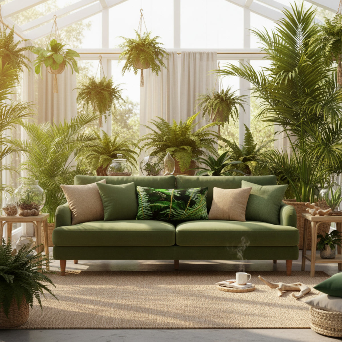 An olive green velvet loveseat sofa with matching green and beige throw pillows, styled in a bright, sunlit greenhouse filled with potted plants.