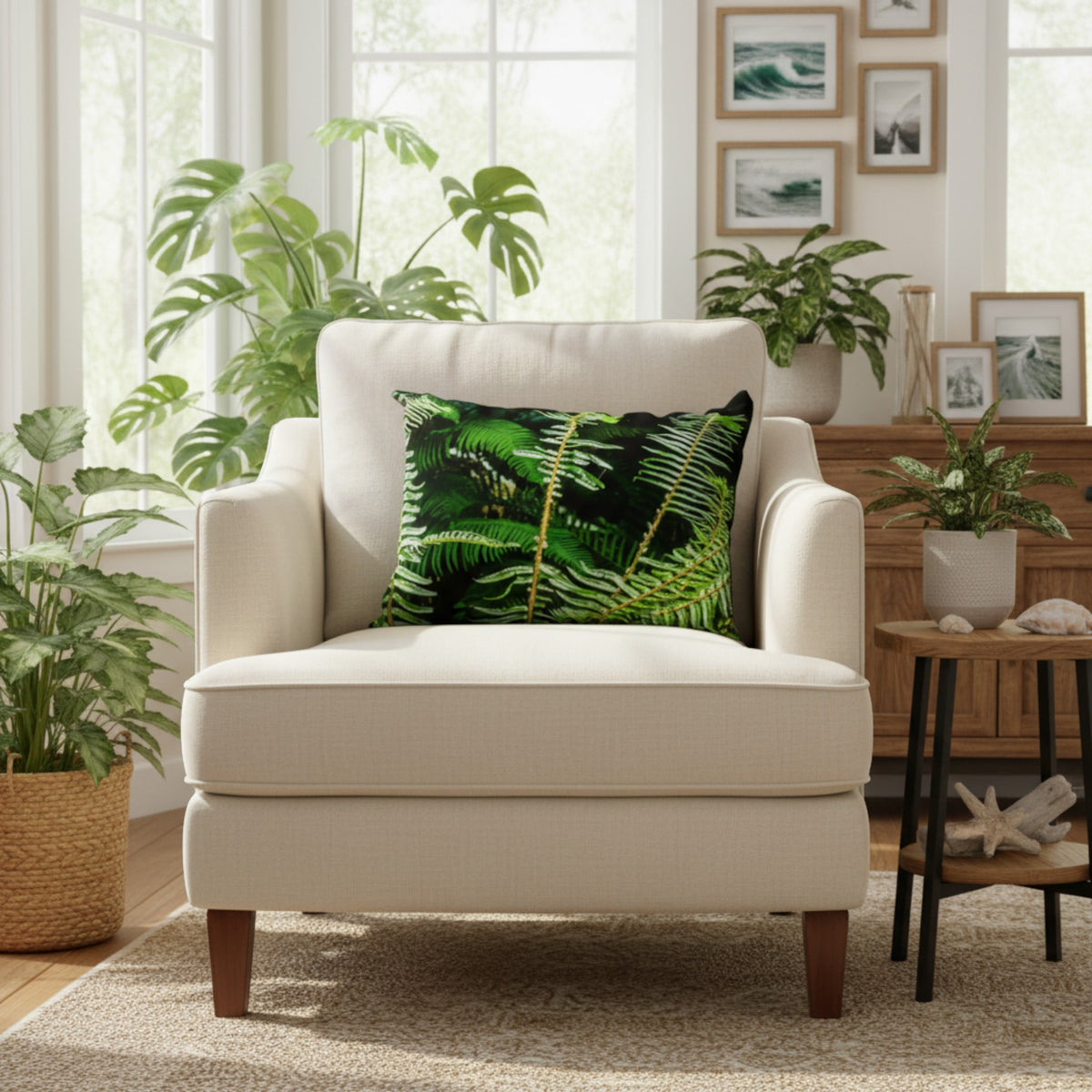 A cream upholstered accent chair in a bright, modern living room setting, styled with a green fern-patterned throw pillow. The chair is positioned on a textured beige rug next to a small wooden side table with plants and framed wall art.